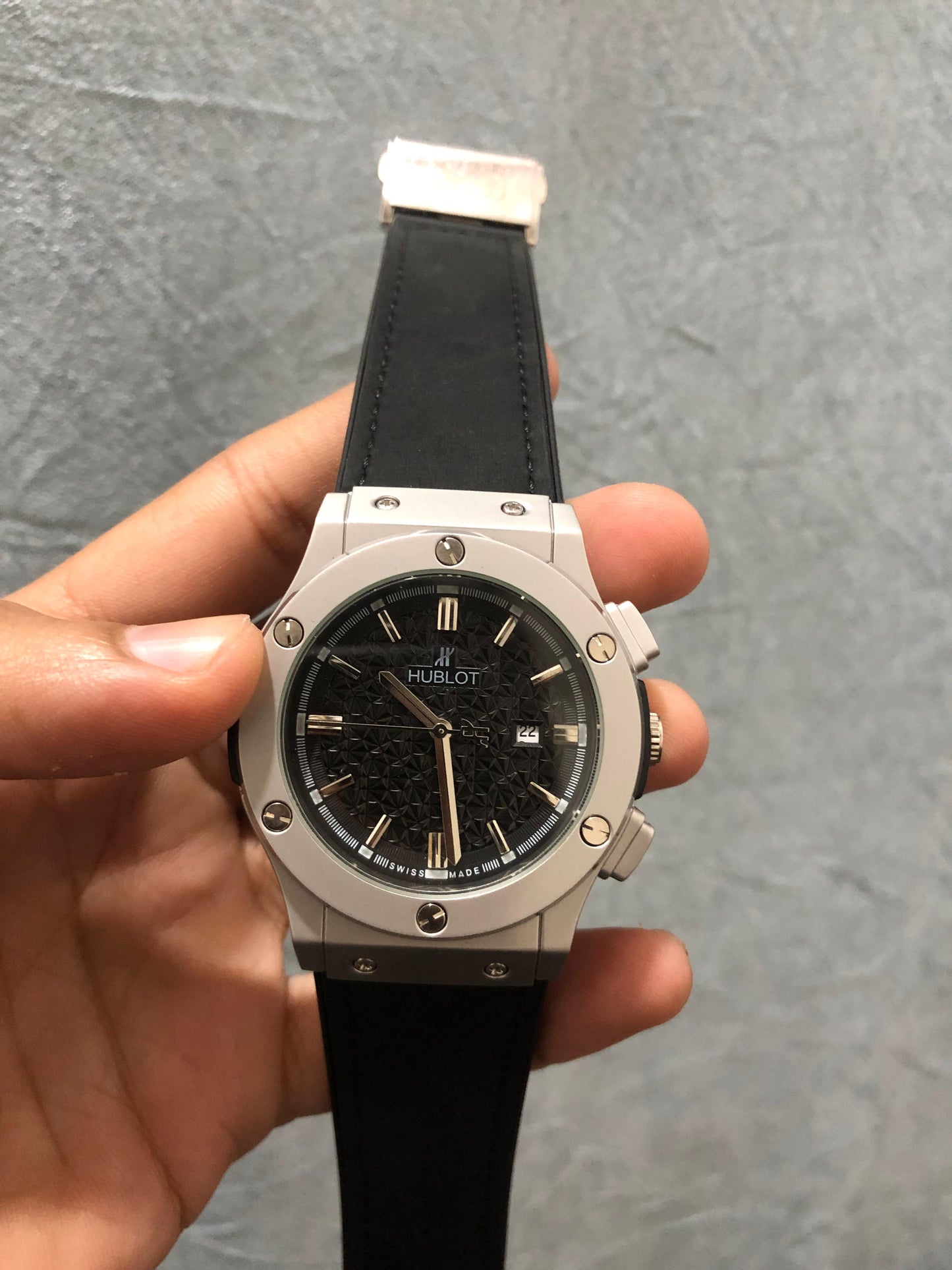 Luxury Stainless Steel Chronograph Watch with Textured Black Dial