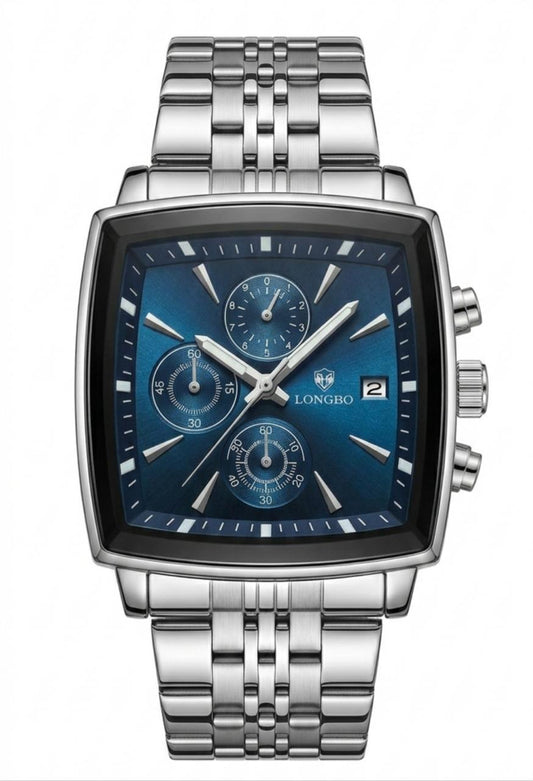 LONGBO Luxury Square Chronograph Watch – Blue Dial Stainless Steel Men’s Watch