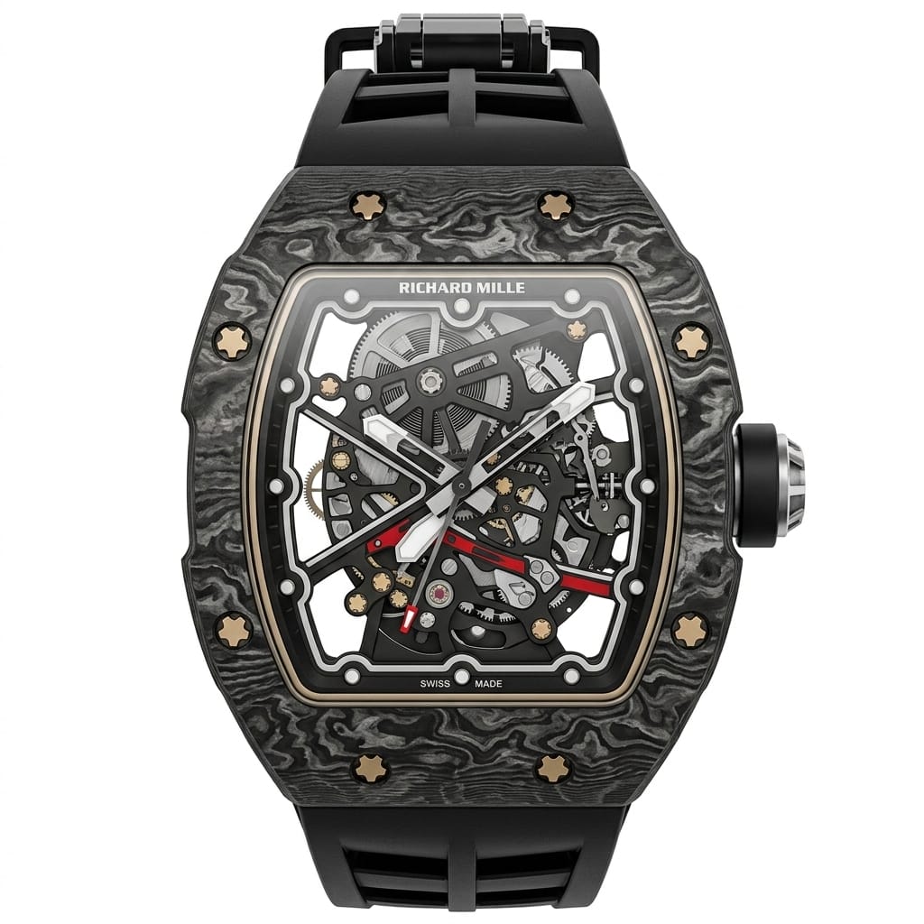 Richard Mille RM 35-02 Rafael Nadal watch with a Carbon TPT case and rubber strap.