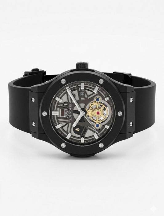 Luxury Black Skeleton Automatic Watch – Premium Silicone Strap | Open Heart Design
