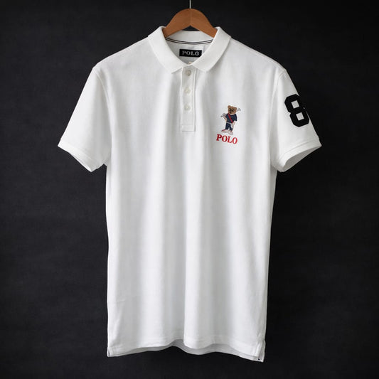White POLO Short Sleeve Polo Shirt with Bear Logo & Number 8 Sleeve Detail