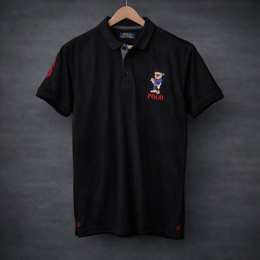 Black POLO Short Sleeve Polo Shirt with Bear Logo & Red Sleeve Detail
