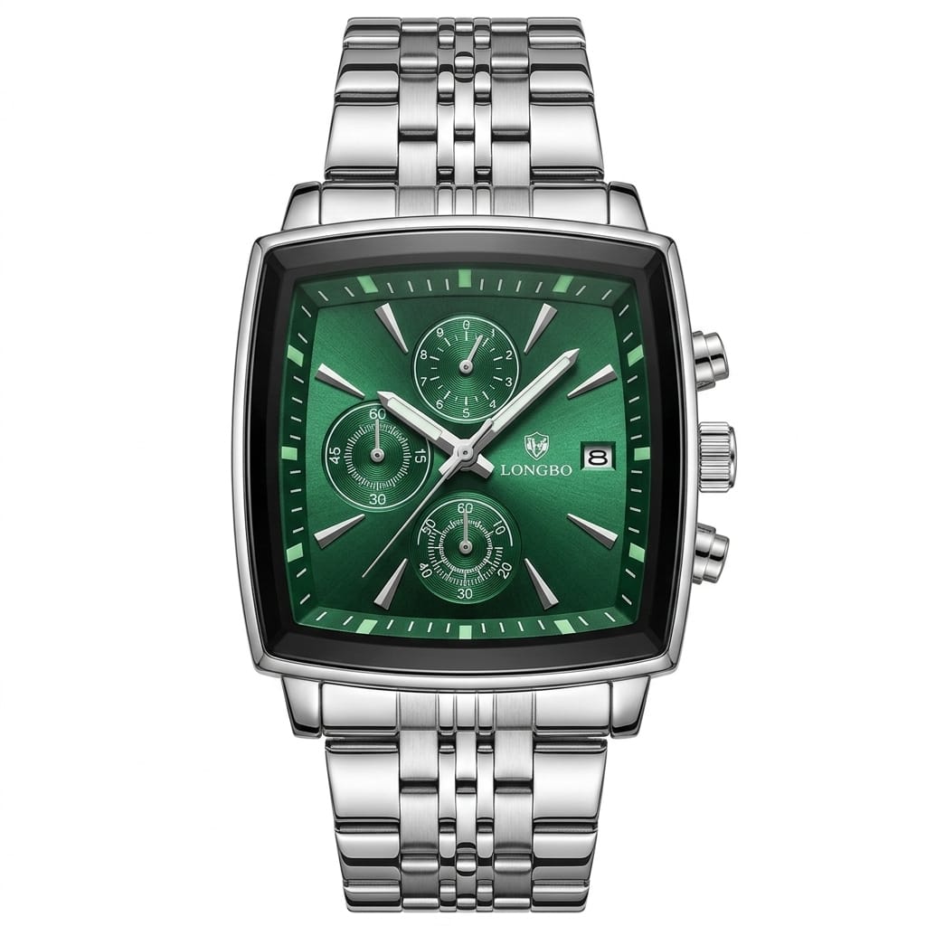 LONGBO Luxury Square Chronograph Watch – Green Dial Stainless Steel Men’s Watch