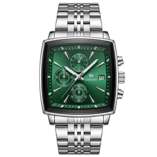 LONGBO Luxury Square Chronograph Watch – Green Dial Stainless Steel Men’s Watch