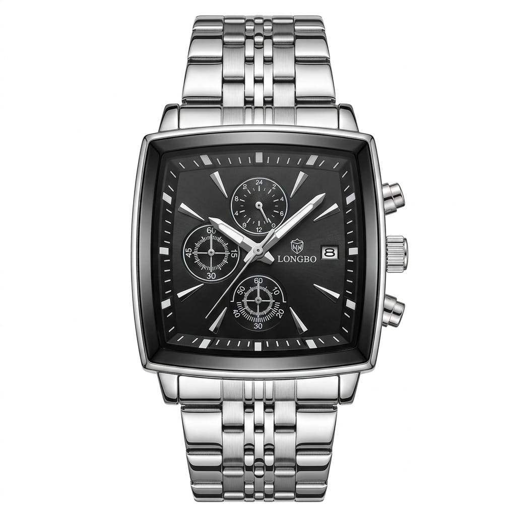LONGBO Luxury Square Chronograph Watch – Black Dial Stainless Steel Men’s Watch