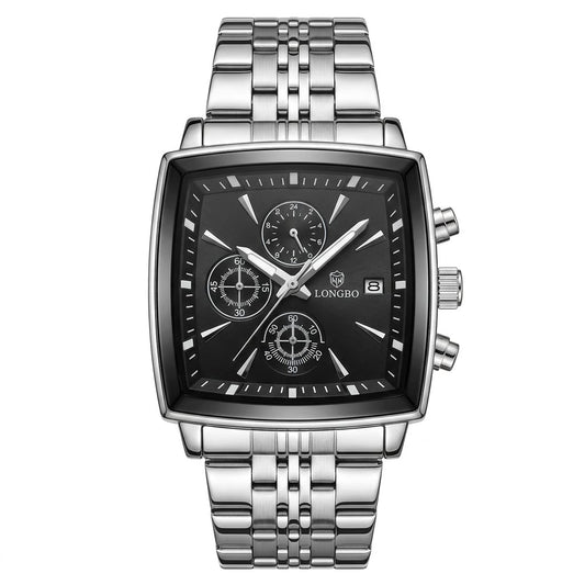 LONGBO Luxury Square Chronograph Watch – Black Dial Stainless Steel Men’s Watch