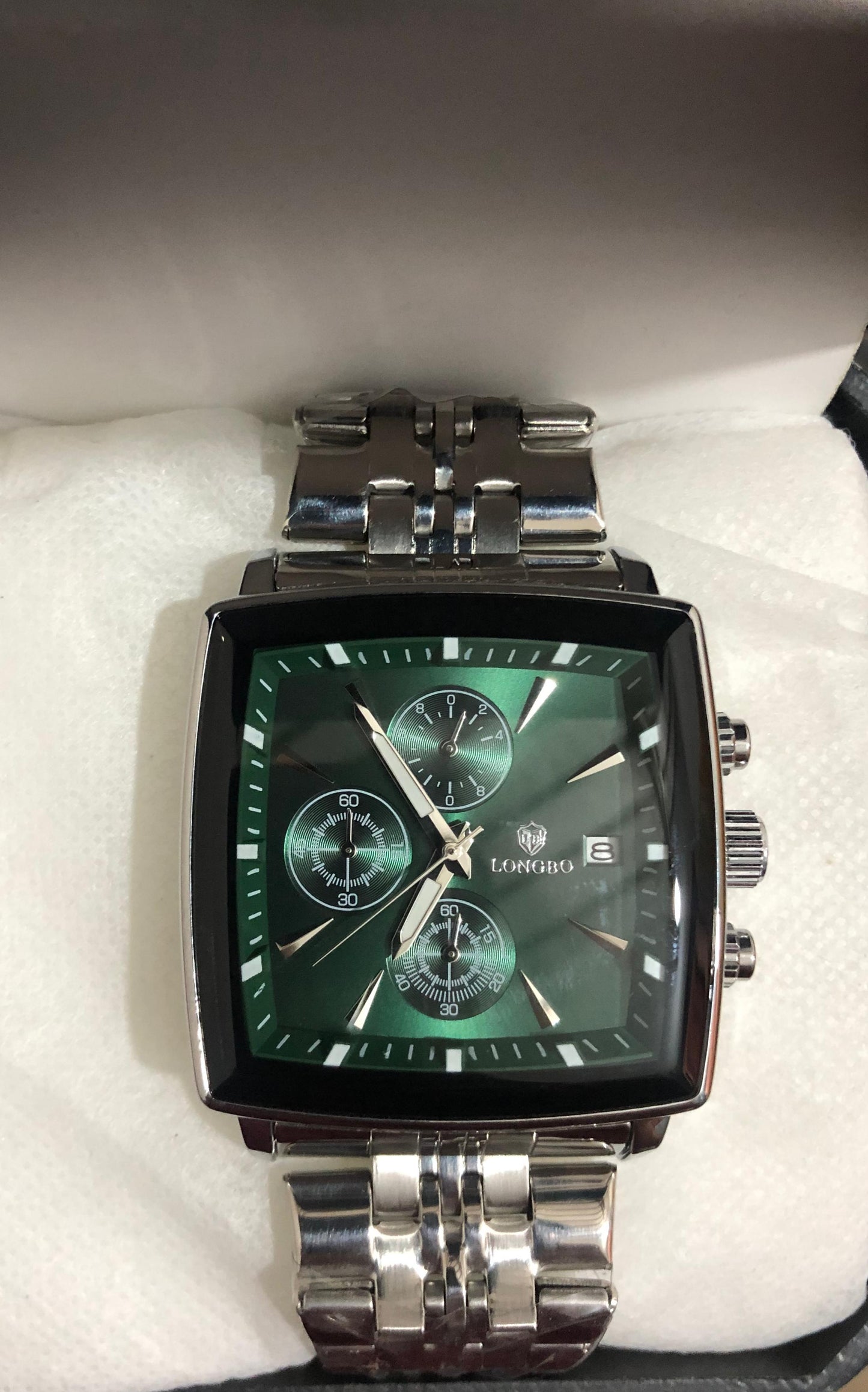 LONGBO Luxury Square Chronograph Watch – Green Dial Stainless Steel Men’s Watch