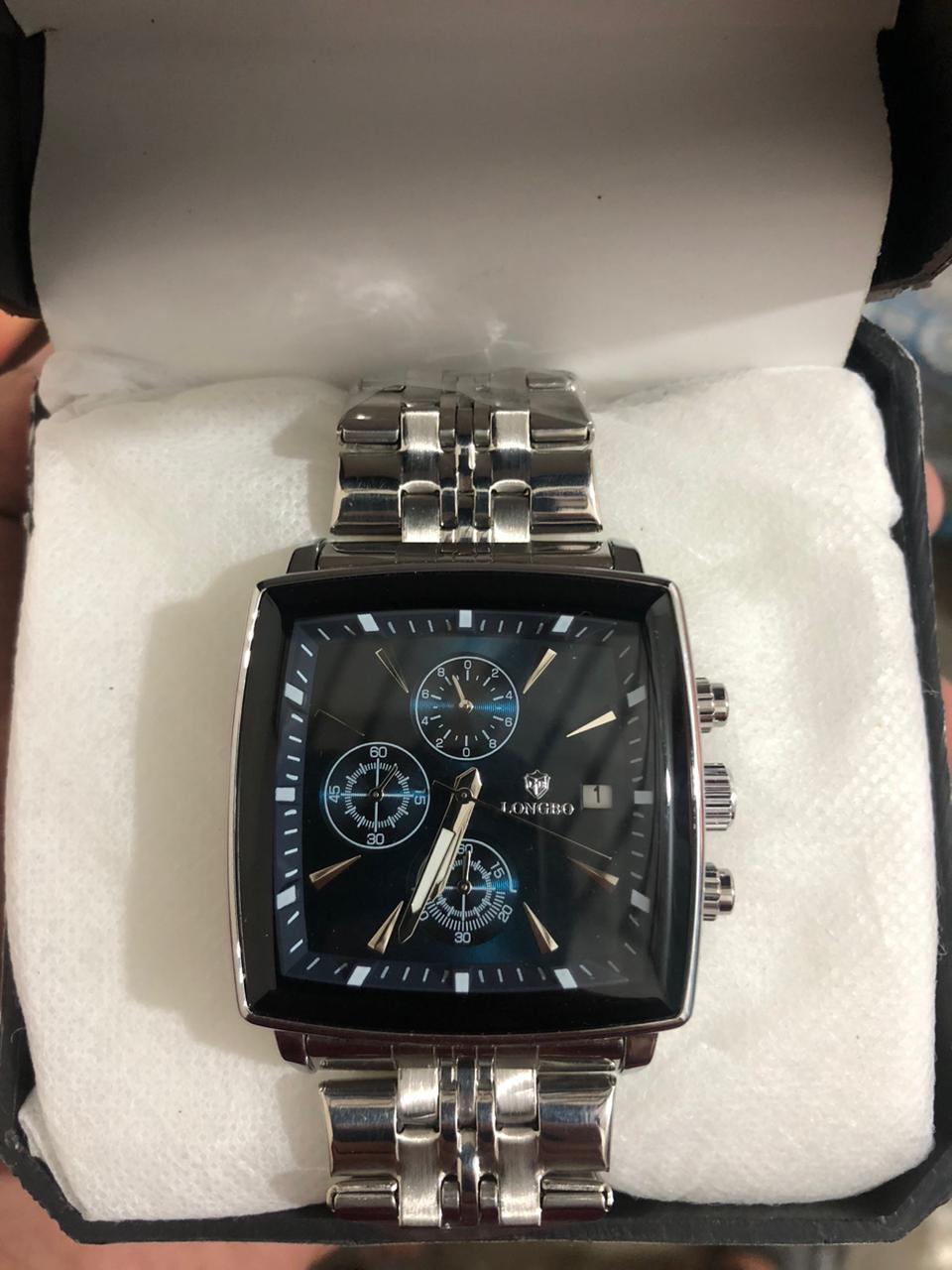 LONGBO Luxury Square Chronograph Watch – Blue Dial Stainless Steel Men’s Watch